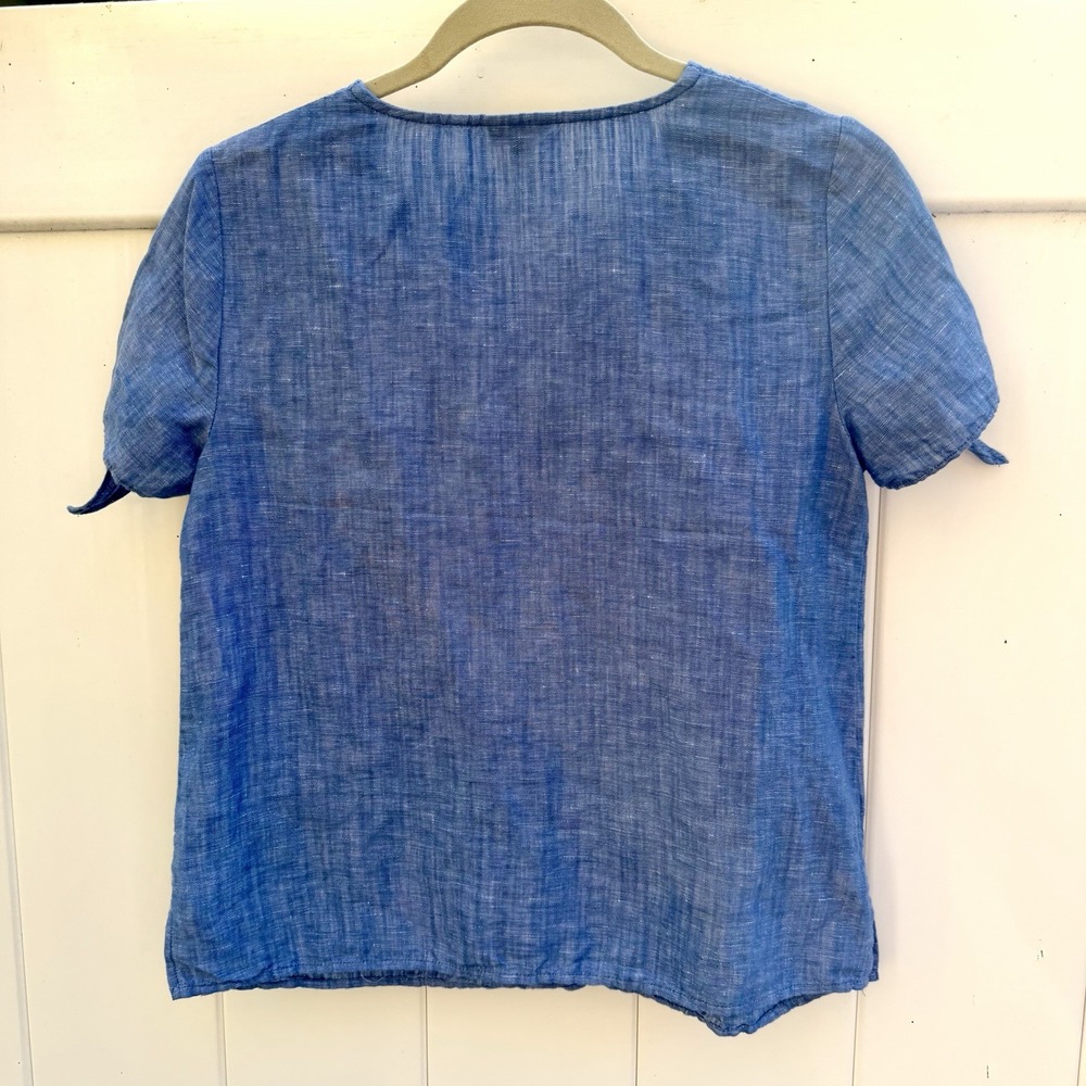 Talbots Top PETITE Small Blue Floral Embroidered Linen Blend Boho Short Sleeves - Picture 5 of 10